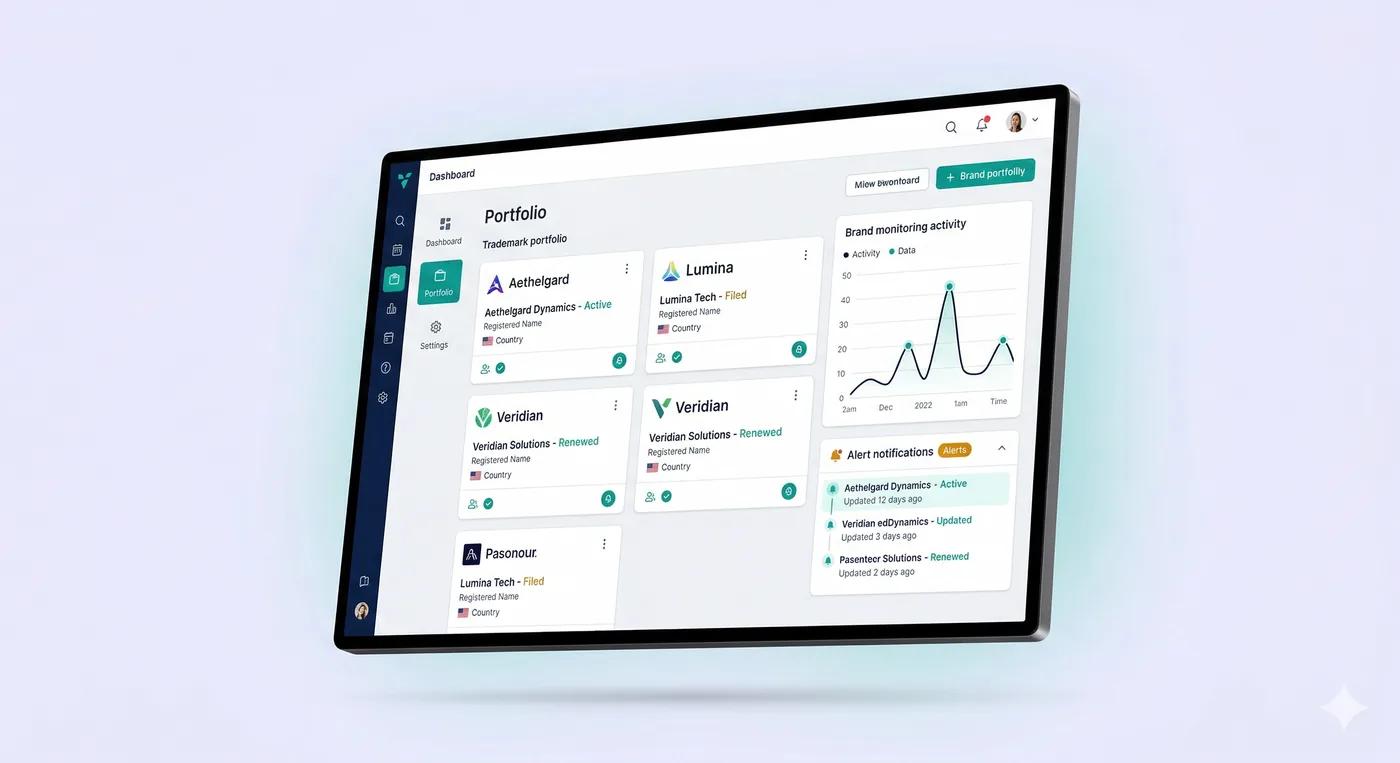 Dashboard TrademarkIQ — portfólio de marcas e monitoramento