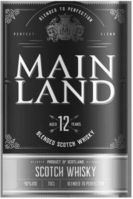 BLENDED TO PERFECTION PERFECT BLEND MAIN LAND AGED 12 YEARS BLENDED SCOTCH WHISKY PRODUCT OF SCOTLAND 40º VOL 70CL BLENDED TO PERFECTION.