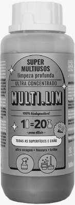 MULTI.LIM SUPER MULTUUSOS ULTRA CONCENTRADO 100%
BIODEGRADÁVEL 1 = 20 PARA DILUIR TODAS AS SUPERFICIES E CHÃO ULTRA
SECAGEM FRESCURA BRILHO