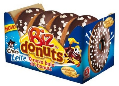 BIZ DE DONUTS, O NOVO BOLO DE DONUTS, CHOCO LEITE, ELABORADO COM CEREAIS, 4 UNIDADES