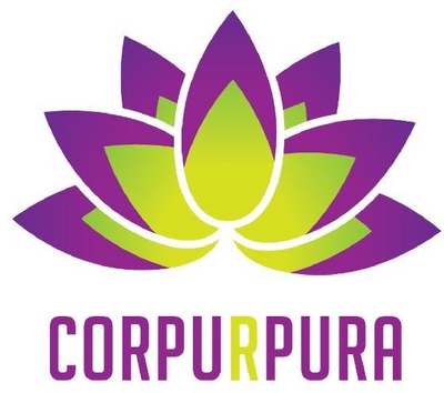 FRASE "CORPURPURA" VIOLETA COM A SEGUNDA LETRA "R" COR VERDE, SÍMBOLO FLOR DE LOTUS VERDE E VIOLETA